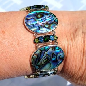 Abalone shell bracelet with gems/crystals sterling silver, toggle clasp